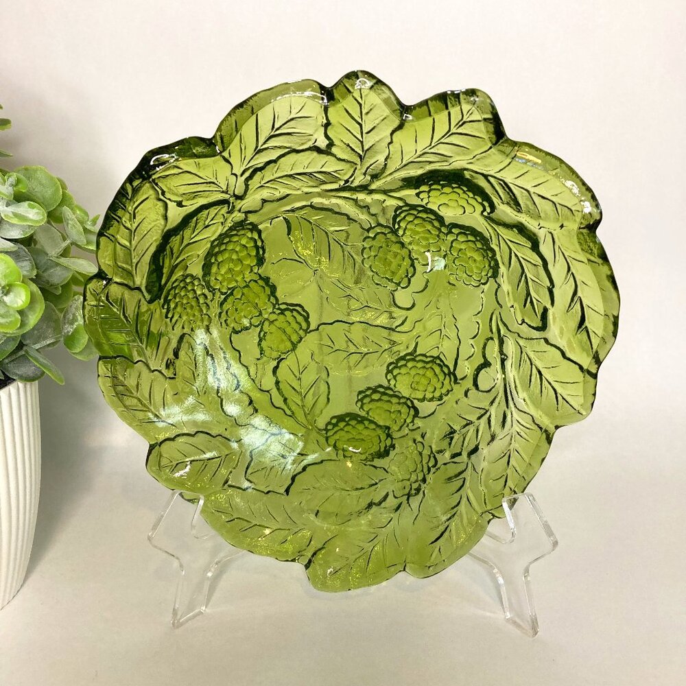 Indiana Green Glass Loganberry and Leaf Pattern Vintage Candy Dish - Bowl